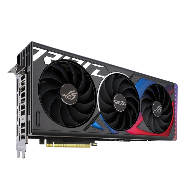 Rog Strix Ge Force Rtx 4060 Ti Angled Top Down View, Highlighting the Fans, Argb Element, and Io Ports 2